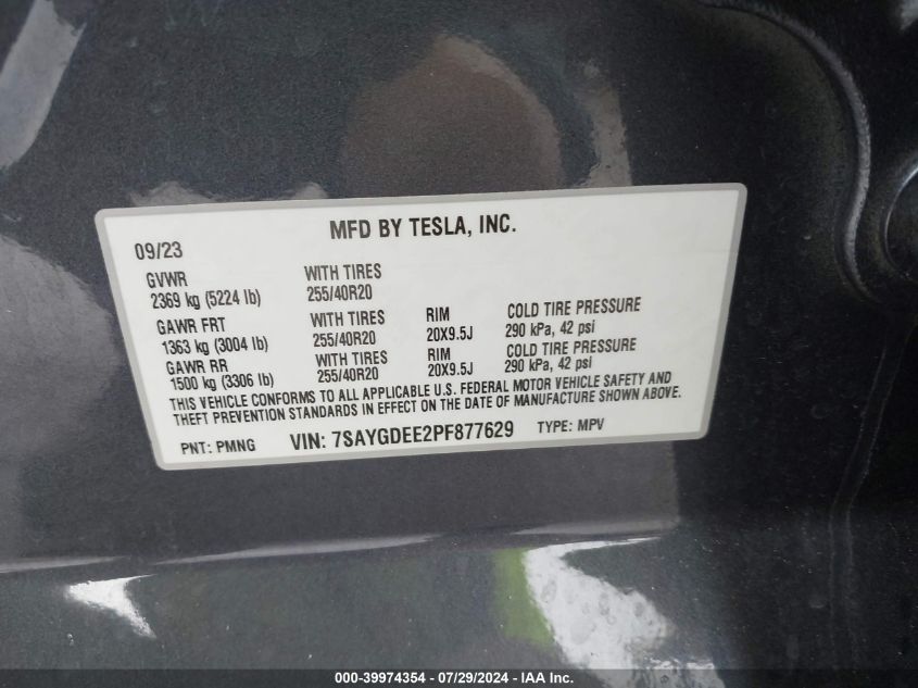 2023 Tesla Model Y VIN: 7SAYGDEE2PF877629 Lot: 39974354