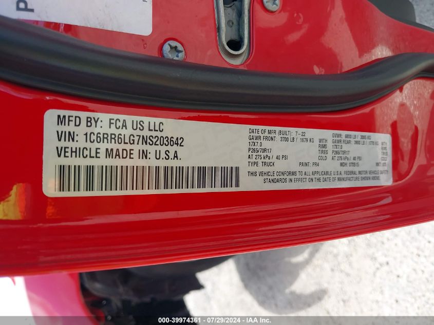 2022 Ram 1500 Classic Slt VIN: 1C6RR6LG7NS203642 Lot: 39974361