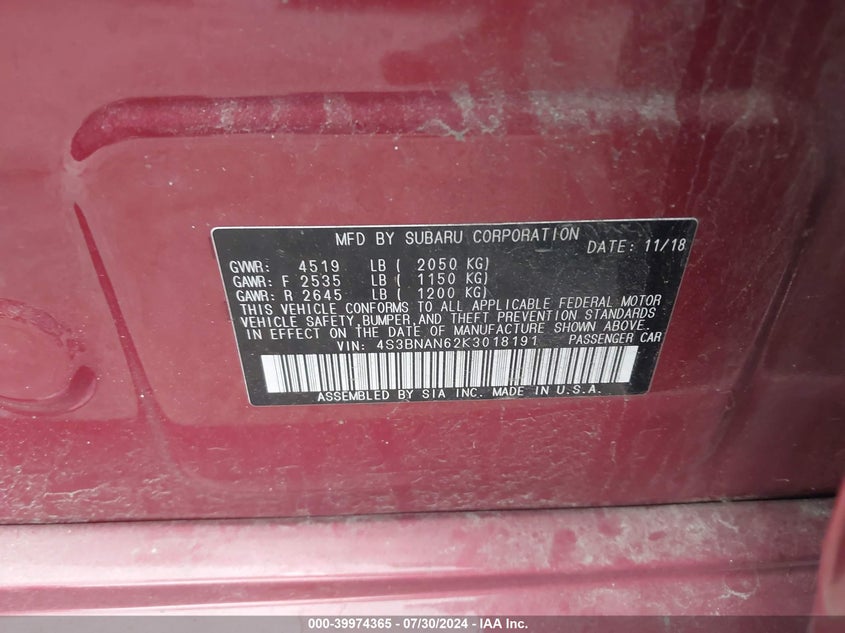 VIN 4S3BNAN62K3018191 2019 SUBARU LEGACY 2.5I LIMITED