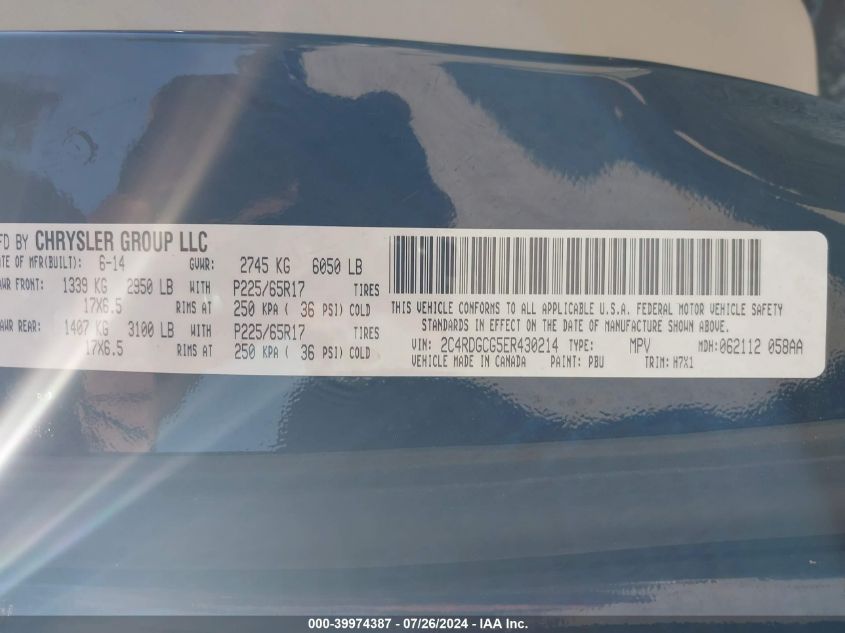 2014 Dodge Grand Caravan Sxt VIN: 2C4RDGCG5ER430214 Lot: 39974387