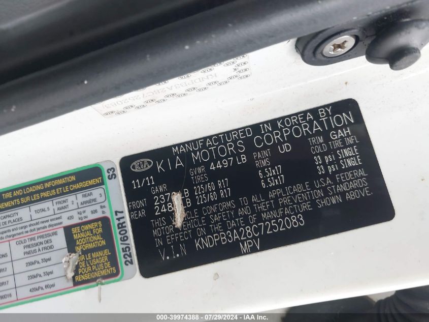 2012 Kia Sportage Lx VIN: KNDPB3A28C7252083 Lot: 39974388