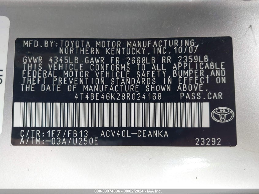 2008 Toyota Camry Le VIN: 4T4BE46K28R024168 Lot: 39974396