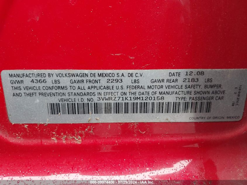 2009 Volkswagen Jetta Se VIN: 3VWRZ71K19M120158 Lot: 39974406