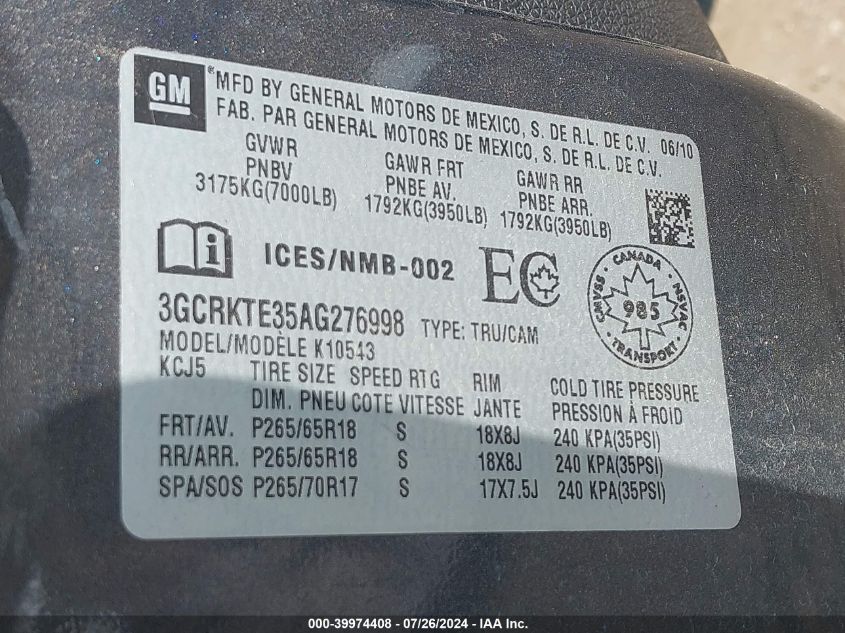 2010 Chevrolet Silverado 1500 Ltz VIN: 3GCRKTE35AG276998 Lot: 39974408