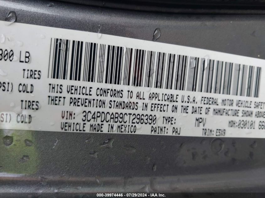 2012 Dodge Journey Se/Avp VIN: 3C4PDCAB9CT296390 Lot: 39974446