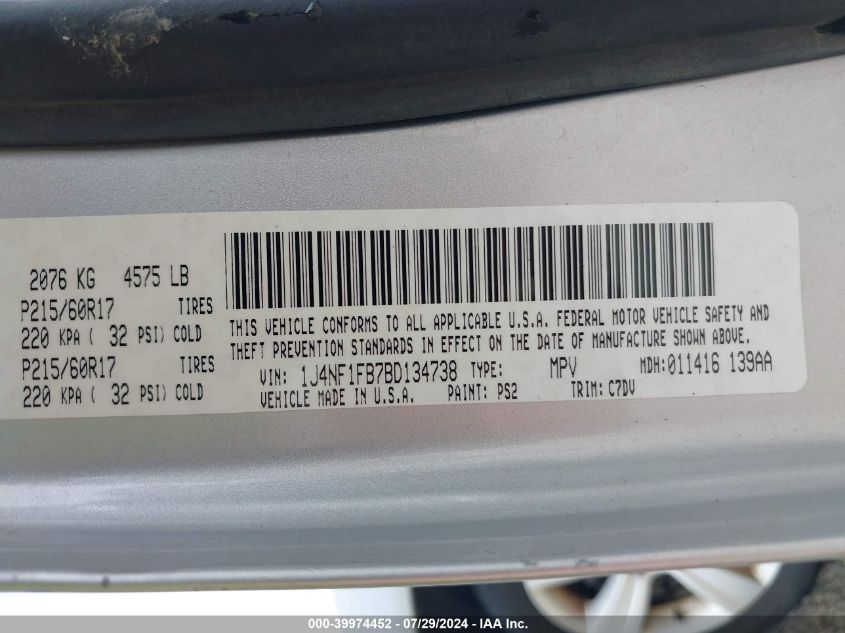 2011 Jeep Compass VIN: 1J4NF1FB7BD134738 Lot: 39974452