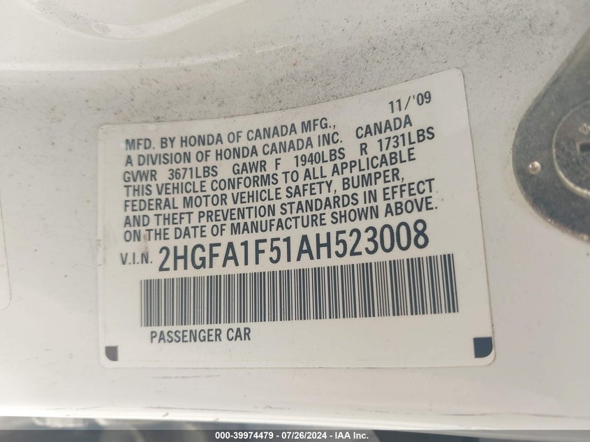 2010 Honda Civic Lx VIN: 2HGFA1F51AH523008 Lot: 39974479