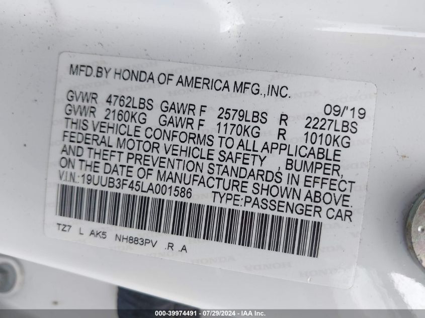 2020 Acura Tlx Tech Package VIN: 19UUB3F45LA001586 Lot: 39974491