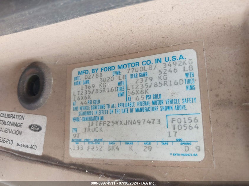 1988 Ford F250 VIN: 1FTFF25YXJNA97473 Lot: 39974511