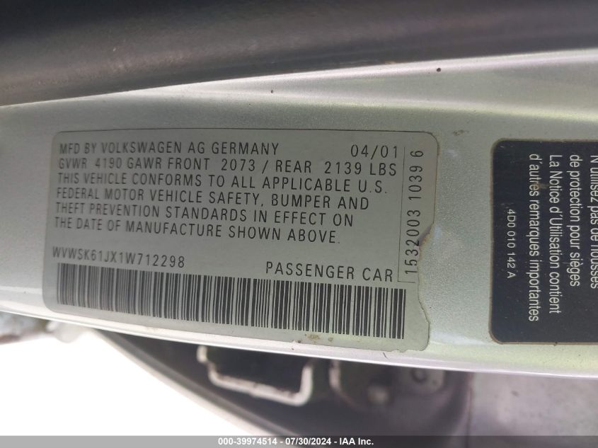 2001 Volkswagen Jetta Gls VIN: WVWSK61JX1W712298 Lot: 39974514