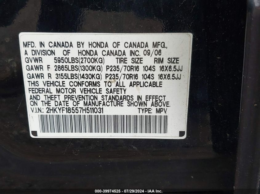 2007 Honda Pilot Ex-L VIN: 2HKYF18557H511031 Lot: 39974525