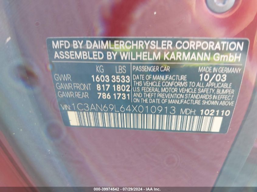 2004 Chrysler Crossfire Limited VIN: 1C3AN69L64X010913 Lot: 39974542