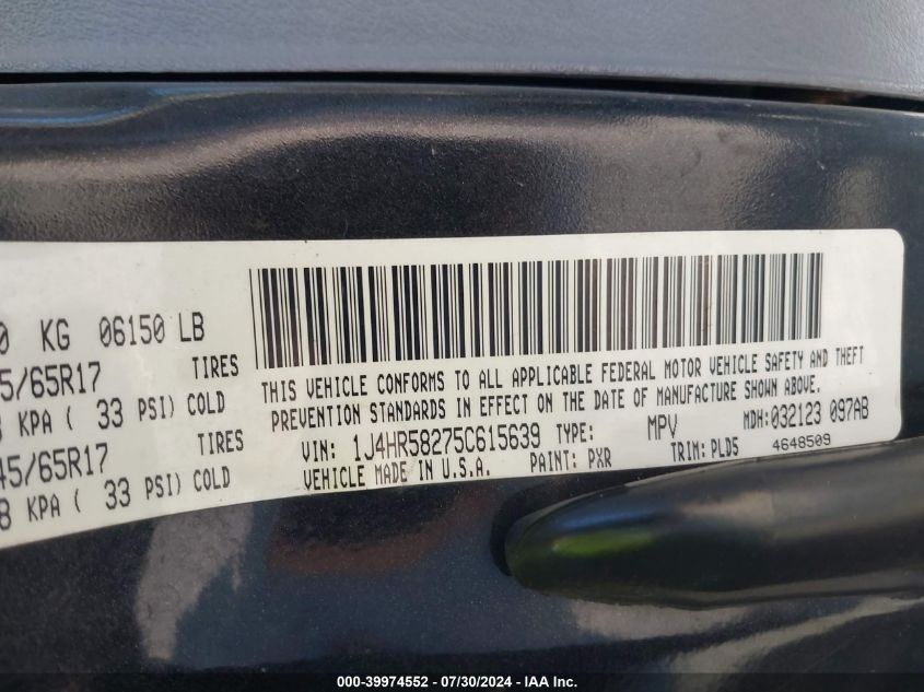 2005 Jeep Grand Cherokee Limited VIN: 1J4HR58275C615639 Lot: 39974552