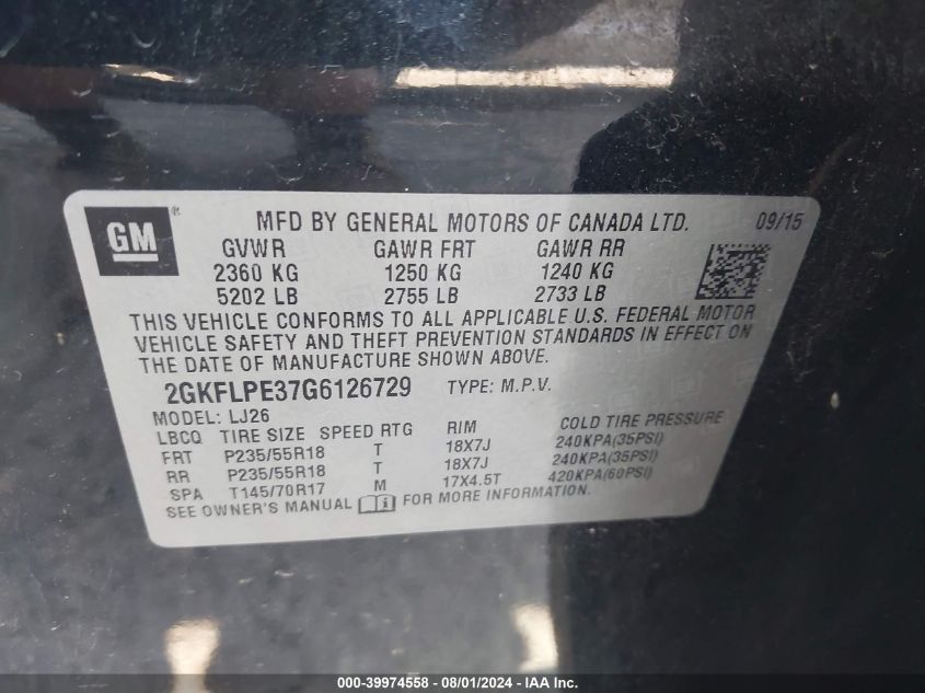 2GKFLPE37G6126672 2016 GMC Terrain Slt