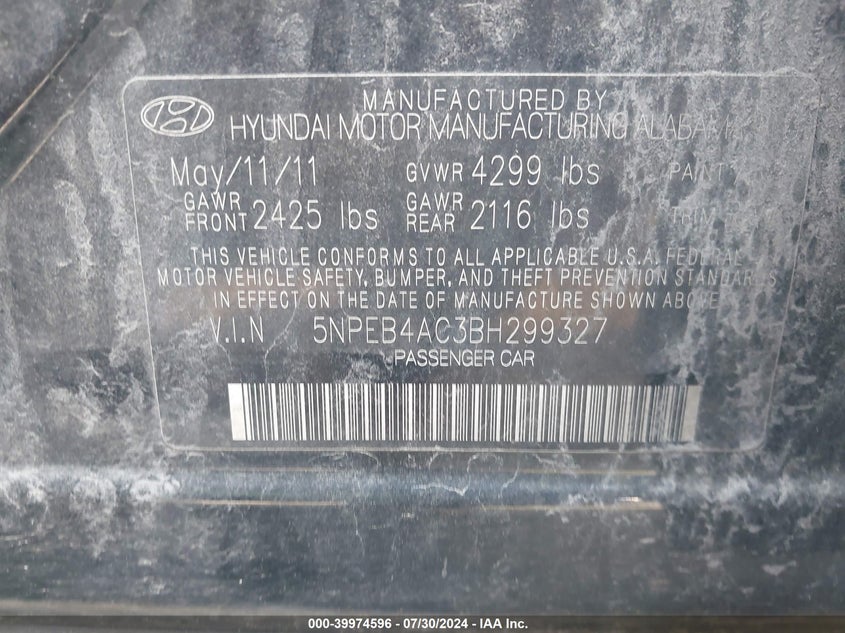 2011 Hyundai Sonata Gls VIN: 5NPEB4AC3BH299327 Lot: 39974596