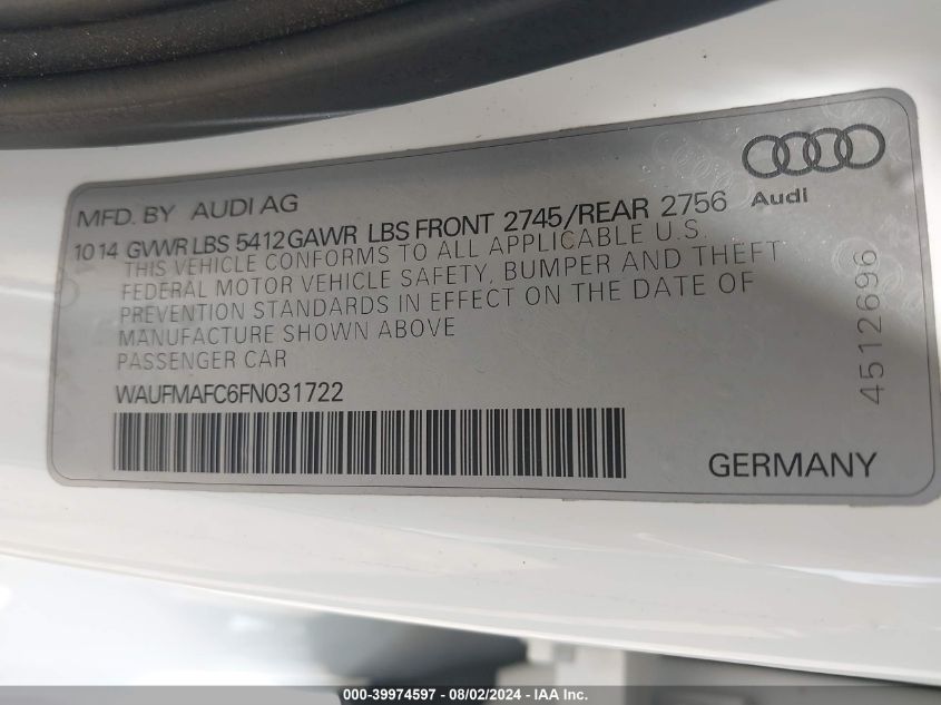 2015 Audi A6 3.0 Tdi Premium Plus VIN: WAUFMAFC6FN031722 Lot: 39974597