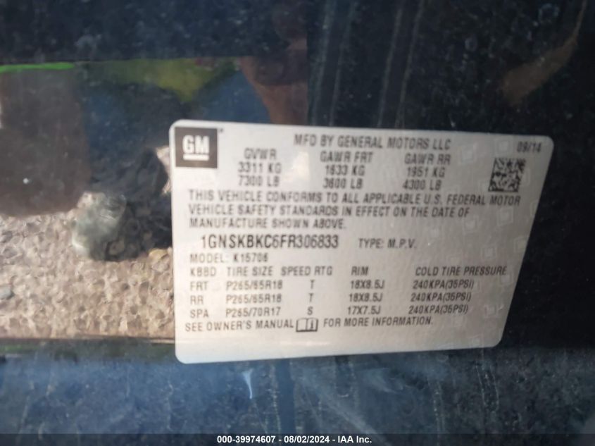 2015 Chevrolet Tahoe Lt VIN: 1GNSKBKC6FR306833 Lot: 39974607
