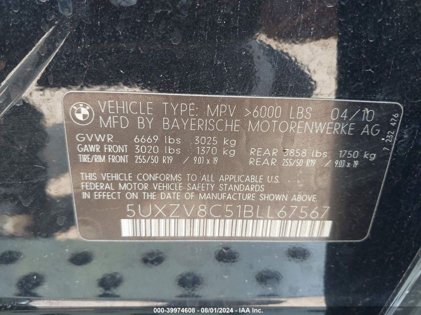 2011 BMW X5 xDrive50I VIN: 5UXZV8C51BLL67567 Lot: 39974608