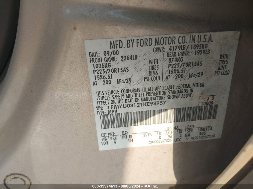 2001 Ford Escape Xlt VIN: 1FMYU03121KE98957 Lot: 39974613