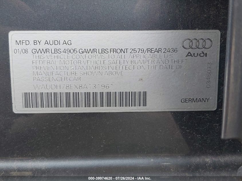 WAUDH78EX8A131961 | 2008 AUDI A4