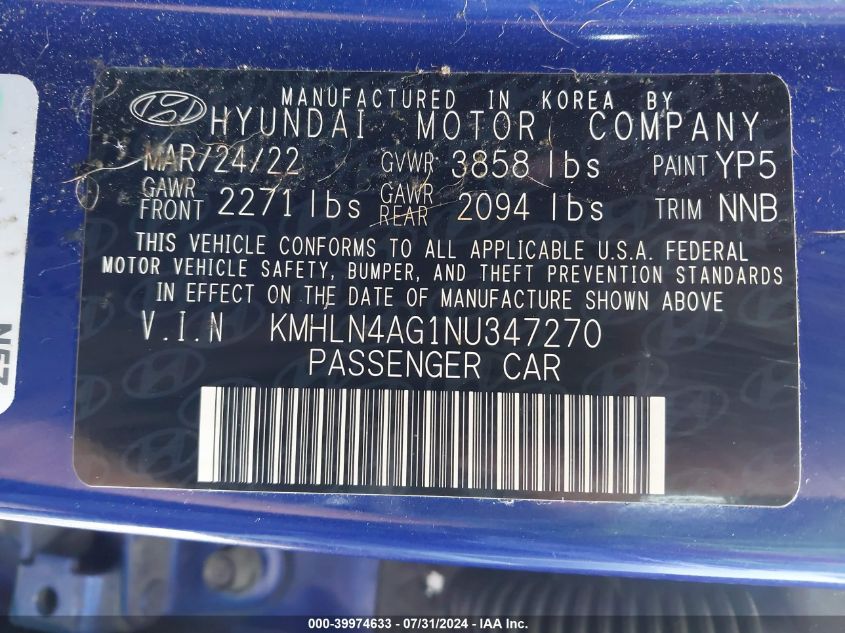 KMHLN4AG1NU347270 2022 Hyundai Elantra Sel