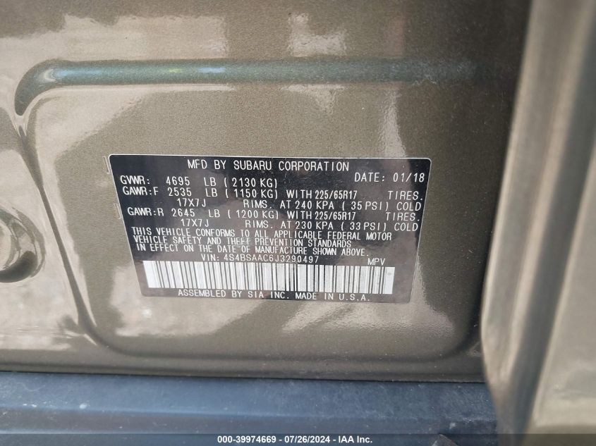 2018 Subaru Outback 2.5I VIN: 4S4BSAAC6J3290497 Lot: 39974669