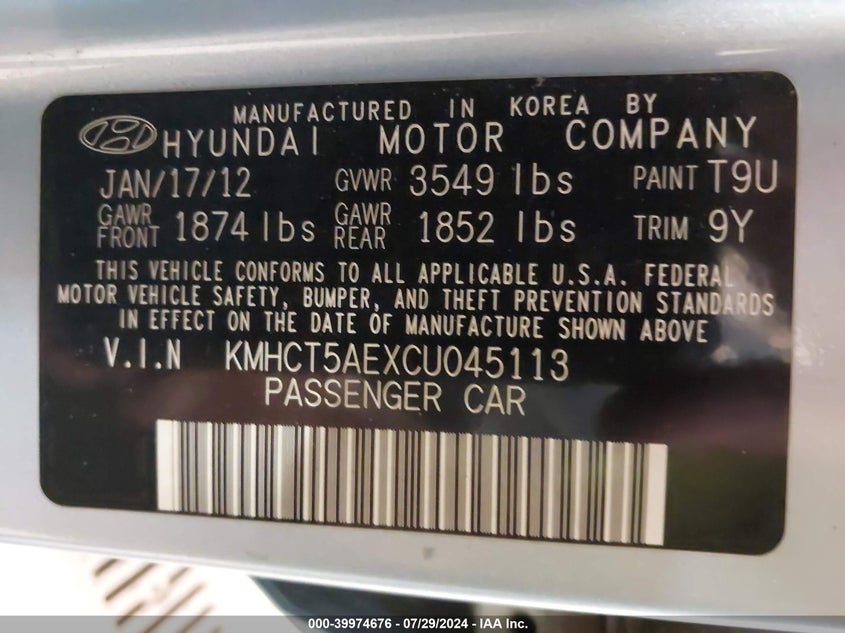 2012 Hyundai Accent Gls/Gs VIN: KMHCT5AEXCU045113 Lot: 39974676