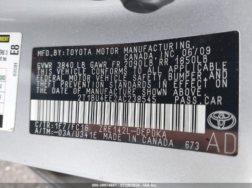 2010 Toyota Corolla Le VIN: 2T1BU4EE2AC238545 Lot: 39974681