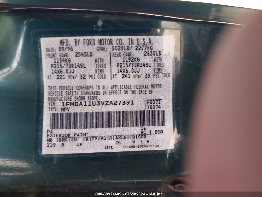 1997 Ford Aerostar Xlt VIN: 1FMDA11U3VZA27391 Lot: 39974689