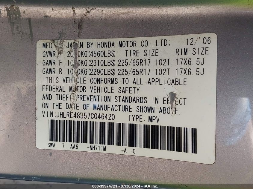 2007 Honda Cr-V Lx VIN: JHLRE48357C046420 Lot: 39974721