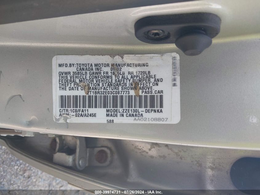 2003 Toyota Corolla Le VIN: 2T1BR32E03C087773 Lot: 39974731