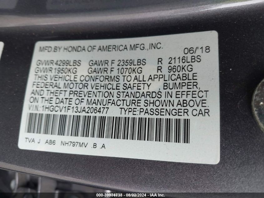 1HGCV1F13JA206477 2018 Honda Accord Lx