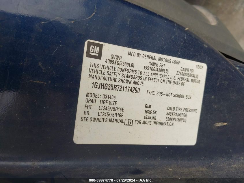 2002 GMC Savana Standard VIN: 1GJHG35R721174290 Lot: 39974778