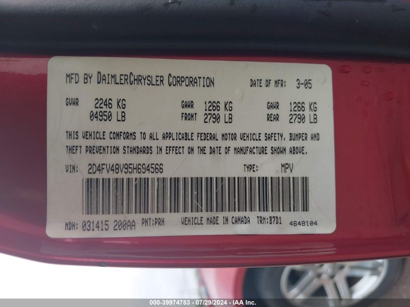 2005 Dodge Magnum Se VIN: 2D4FV48V95H694566 Lot: 39974783