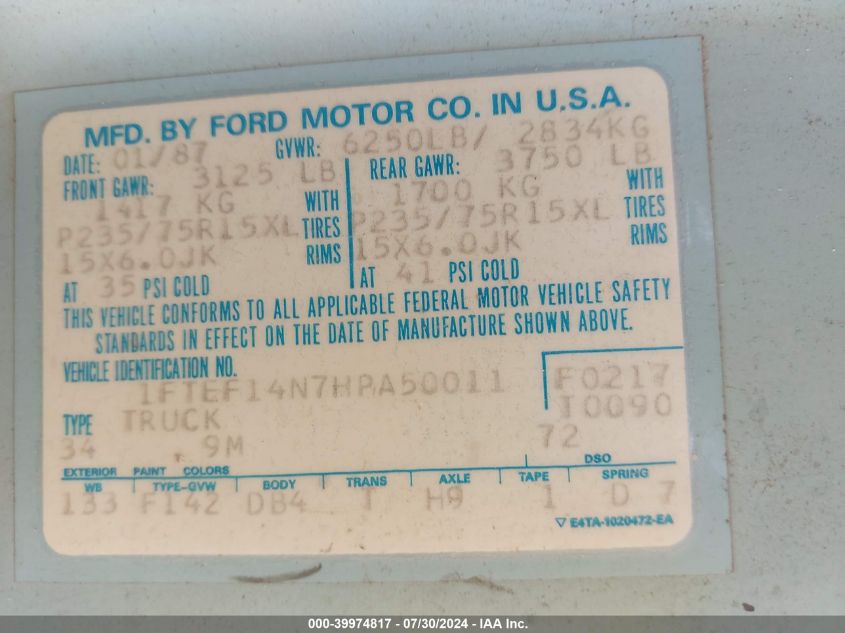 1987 Ford F150 VIN: 1FTEF14N7HPA50011 Lot: 39974817