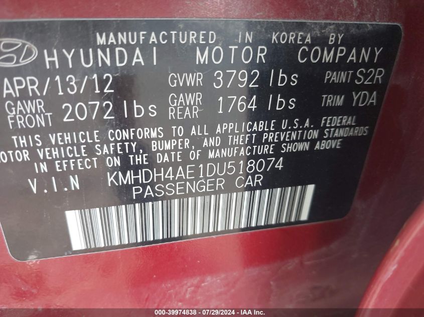 2013 Hyundai Elantra Gls/Limited VIN: KMHDH4AE1DU518074 Lot: 39974838