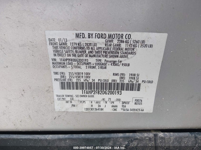 2013 FORD TAURUS LIMITED - 1FAHP2F82DG200193