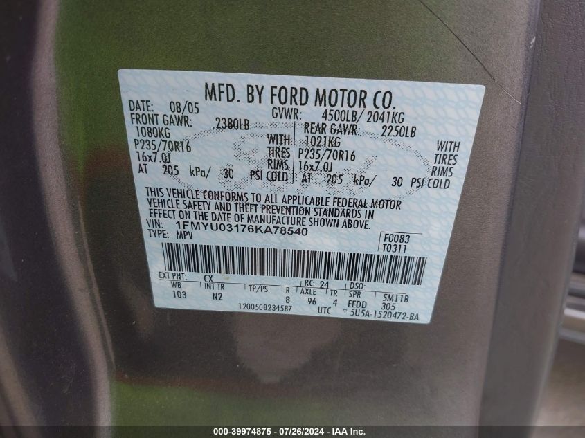 2006 Ford Escape Xlt/Xlt Sport VIN: 1FMYU03176KA78540 Lot: 39974875