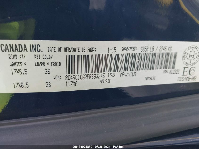 2015 Chrysler Town & Country Touring L VIN: 2C4RC1CG2FR693245 Lot: 39974880