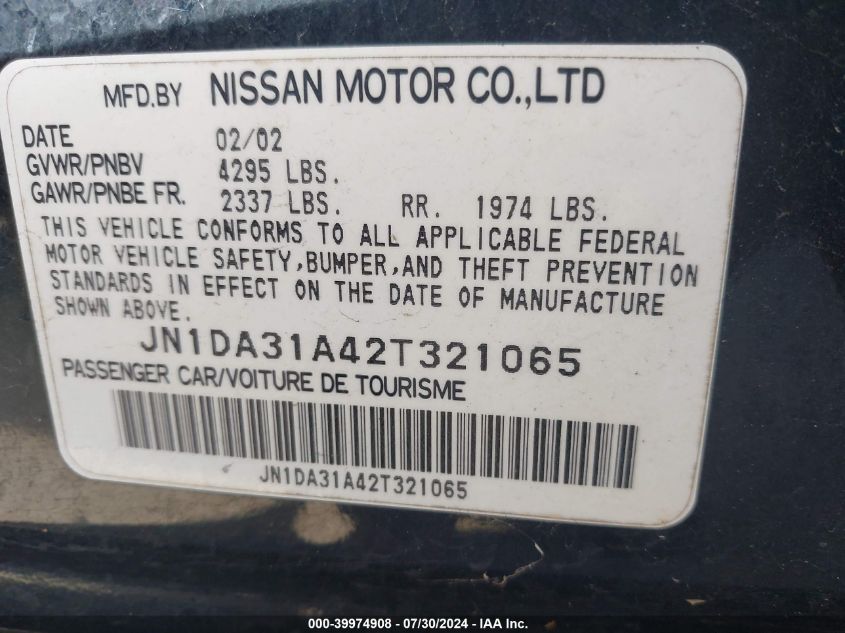 2002 Nissan Maxima Gle VIN: JN1DA31A42T321065 Lot: 39974908