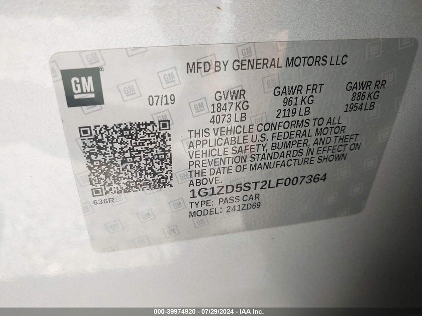 2020 CHEVROLET MALIBU LT - 1G1ZD5ST2LF007364