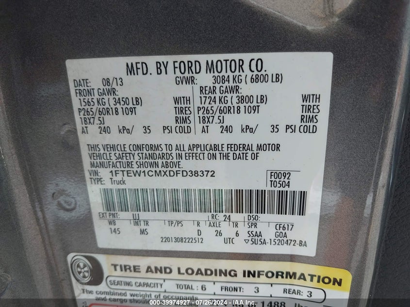 2013 Ford F-150 Xlt VIN: 1FTEW1CMXDFD38372 Lot: 39974927