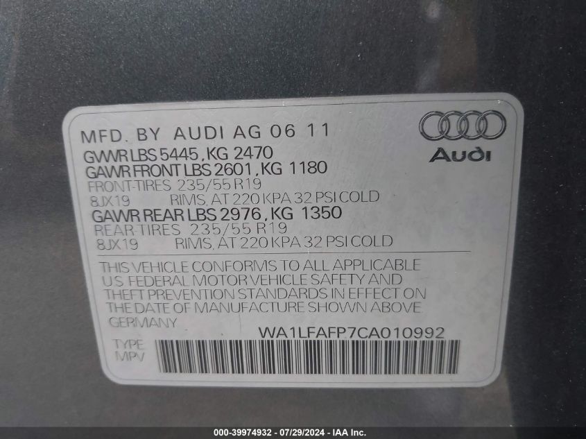 2012 Audi Q5 2.0T Premium VIN: WA1LFAFP7CA010992 Lot: 39974932