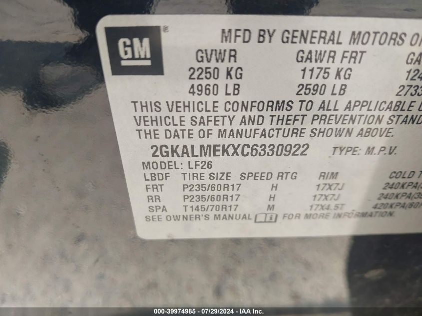 2012 GMC Terrain Sle-1 VIN: 2GKALMEKXC6330922 Lot: 39974985