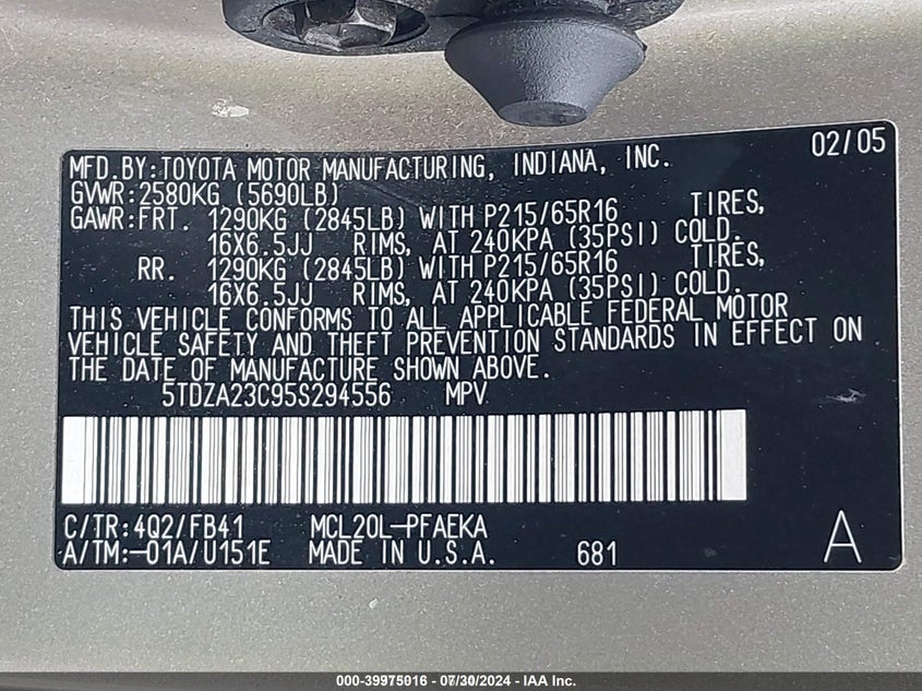 2005 Toyota Sienna Ce VIN: 5TDZA23C95S294556 Lot: 39975016