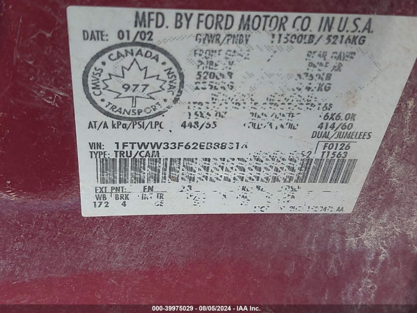 2002 Ford F350 Super Duty VIN: 1FTWW33F62EB88314 Lot: 39975029