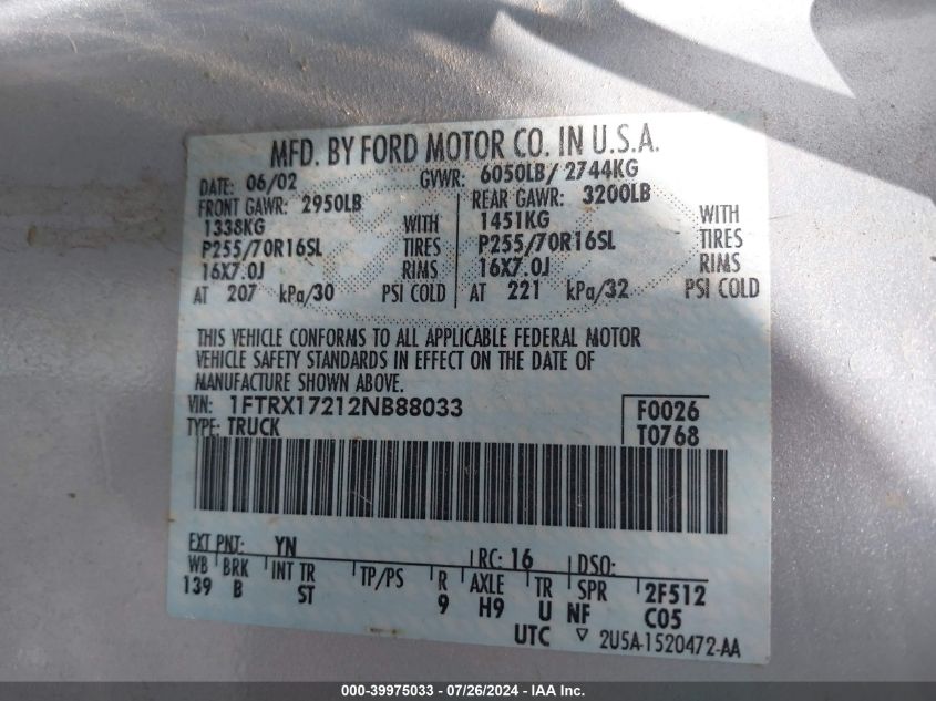 2002 Ford F-150 Xl/Xlt VIN: 1FTRX17212NB88033 Lot: 39975033