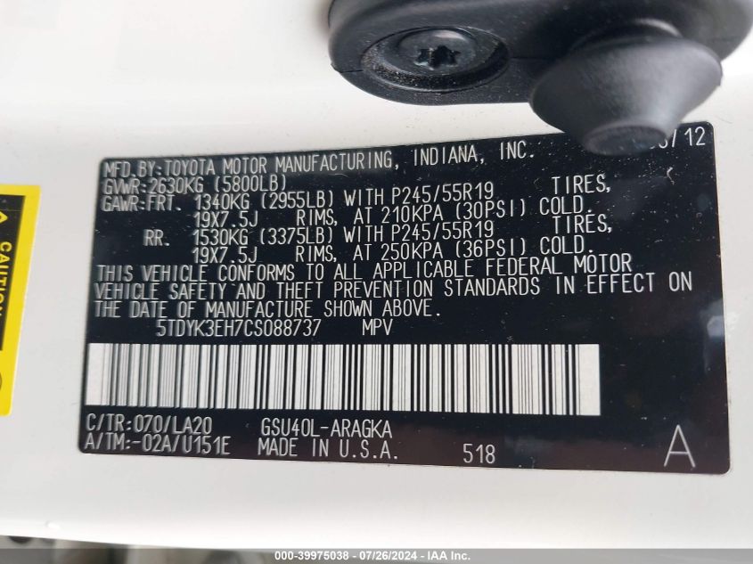 2012 Toyota Highlander Limited V6 VIN: 5TDYK3EH7CS088737 Lot: 39975038