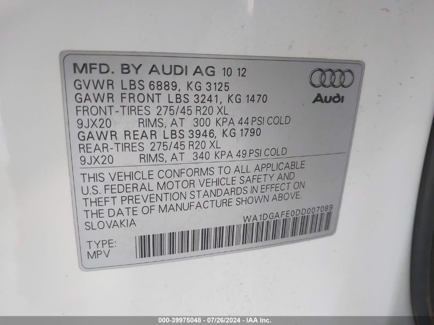 2013 Audi Q7 3.0T S Line Prestige VIN: WA1DGAFE0DD007089 Lot: 39975048
