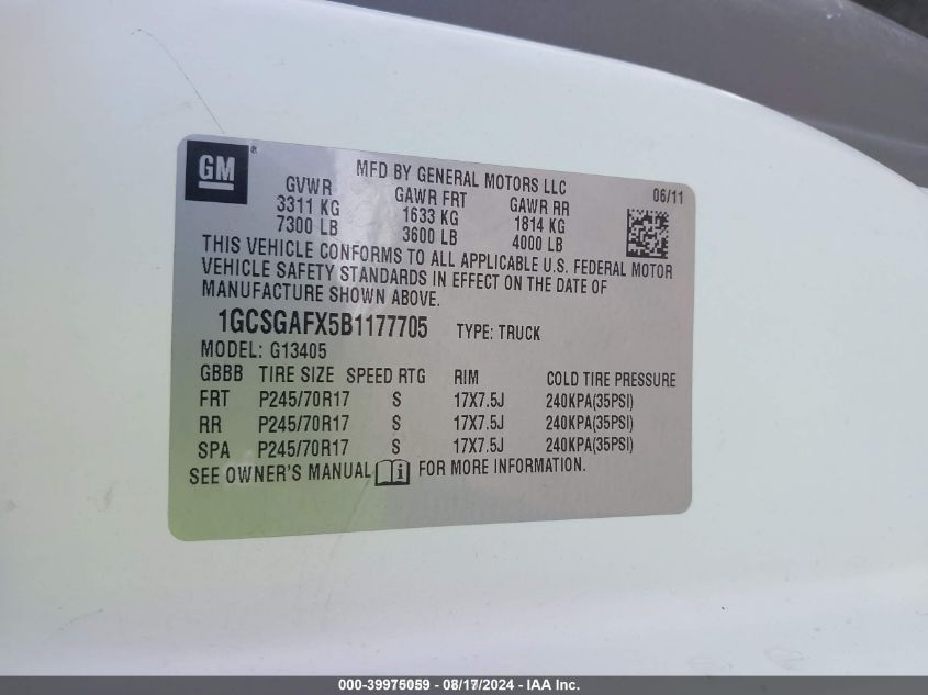 2011 Chevrolet Express 1500 Work Van VIN: 1GCSGAFX5B1177705 Lot: 39975059